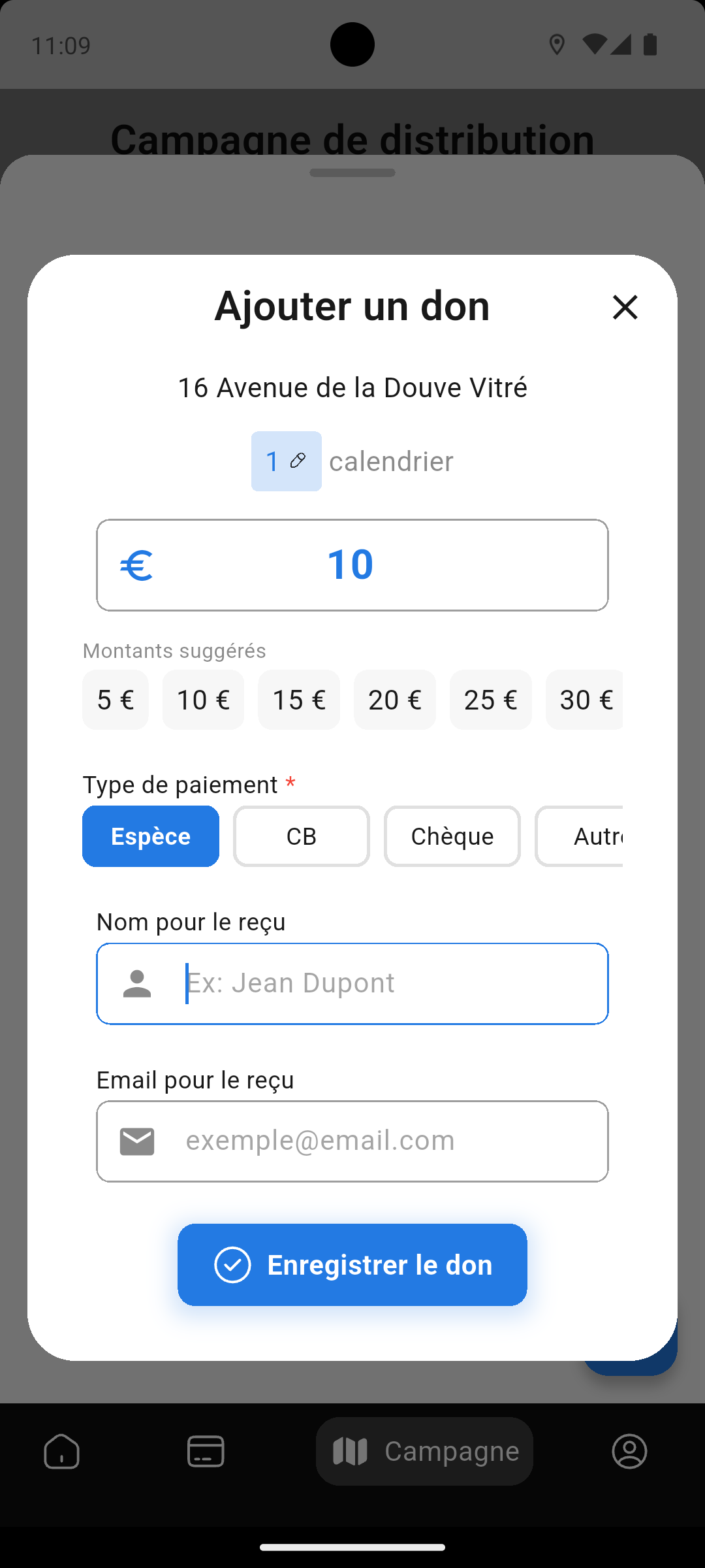 Application mobile Calendrix - ajout de dons en tournée