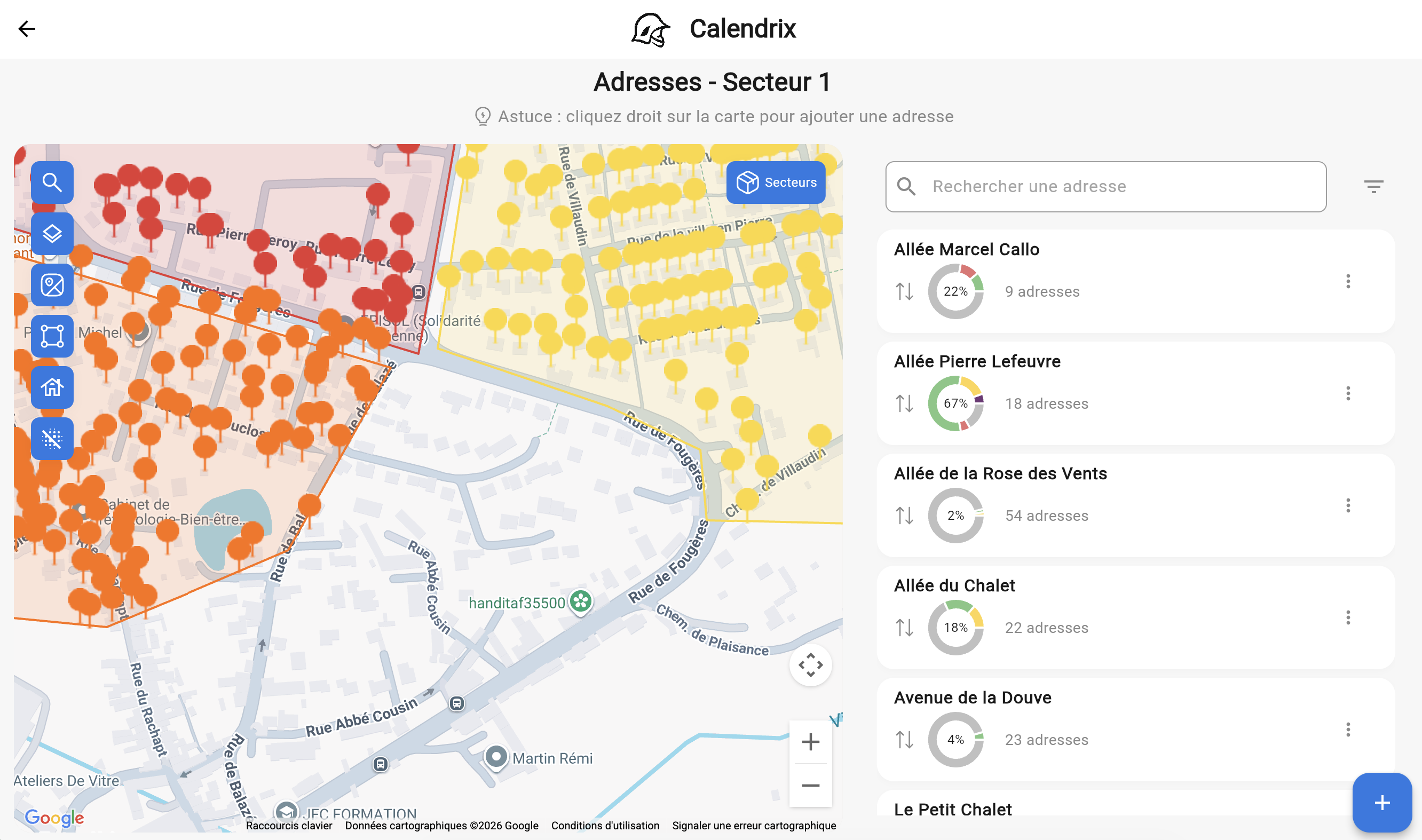 Interface web Calendrix pour la gestion des secteurs et des statistiques